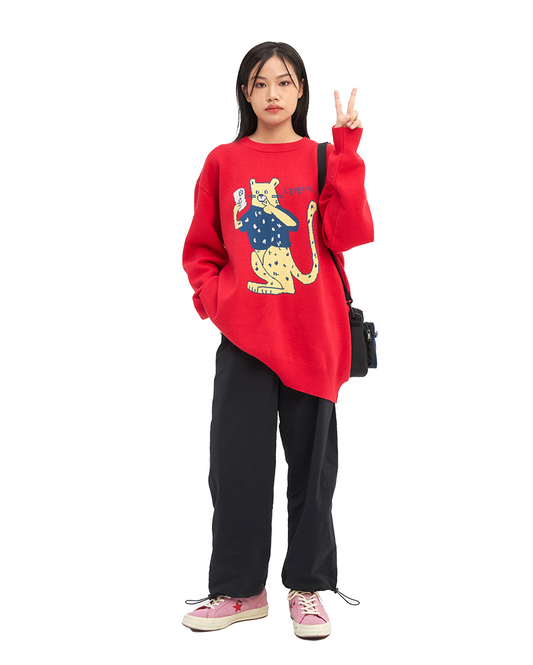 Levents® "My Animals" Series Panther Knit Sweater/ Red