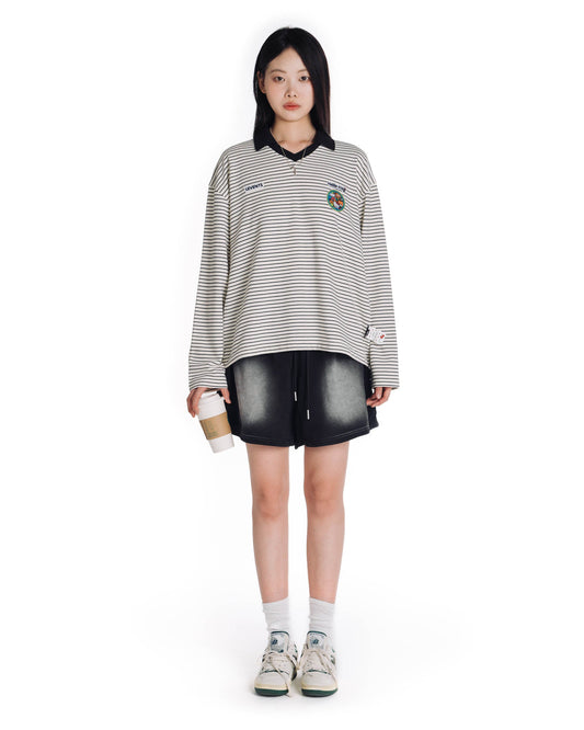 Levents® x Hello Kitty | Striped Long Sleeve Semi-Oversized Polo Shirt