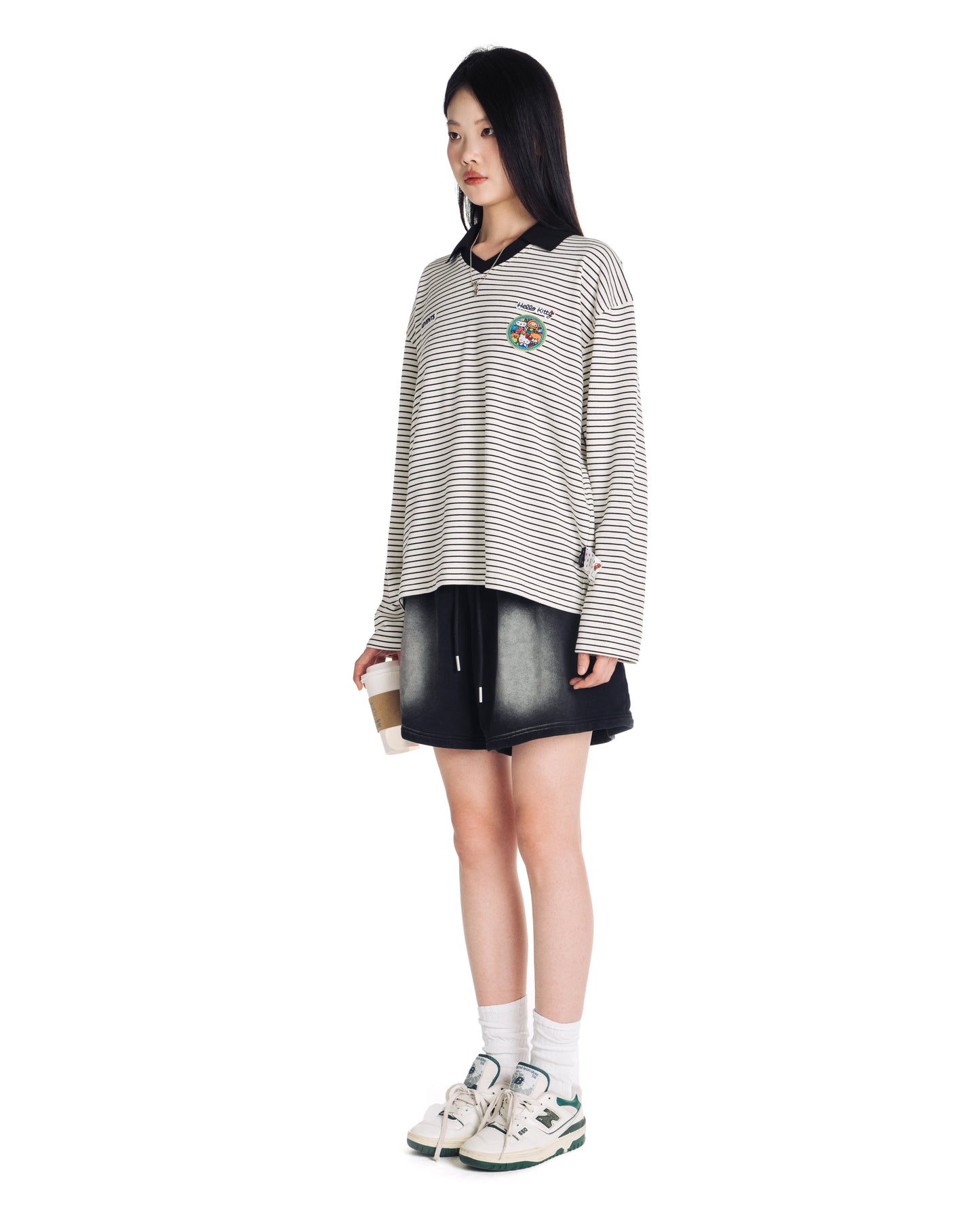 Levents® x Hello Kitty | Striped Long Sleeve Semi-Oversized Polo Shirt